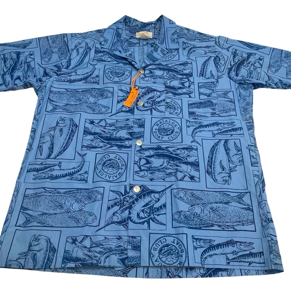 Vintage Waialua Boat Club Hawaiian Aloha Shirt Sz Large Blue Marlin Mahimahi Ono